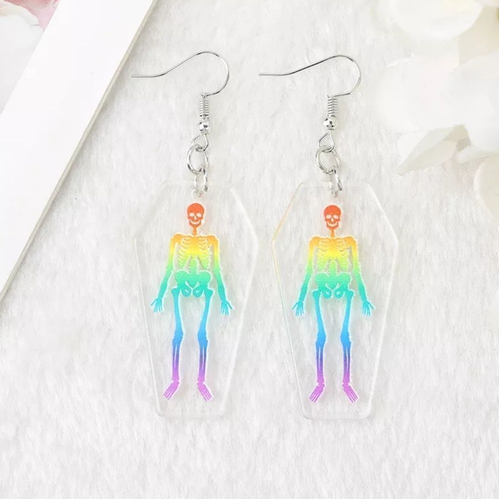 LGBTQ+ Rainbow Goth Pride Drop Dangle Earrings Skull Coffin 2.75"